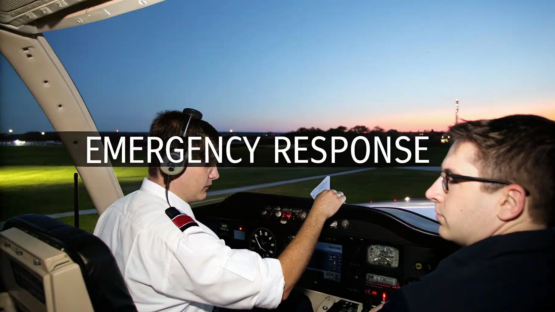 Mastering Airline Pilot Interview Questions: Your Path to Success 3 Two pilots in a plane cockpit review emergency response procedures during twilight hours.