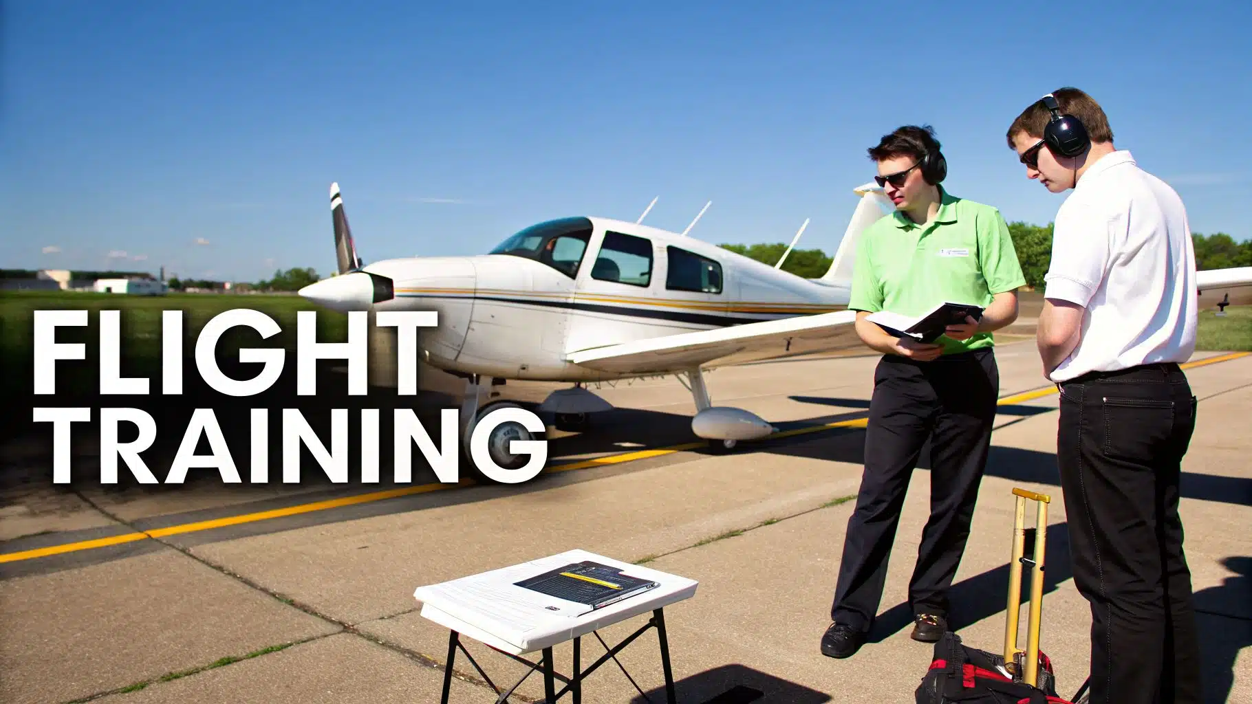 Mastering Airline Pilot Interview Questions: Your Path to Success 2 Two men wearing headphones and sunglasses near a small airplane for flight training.