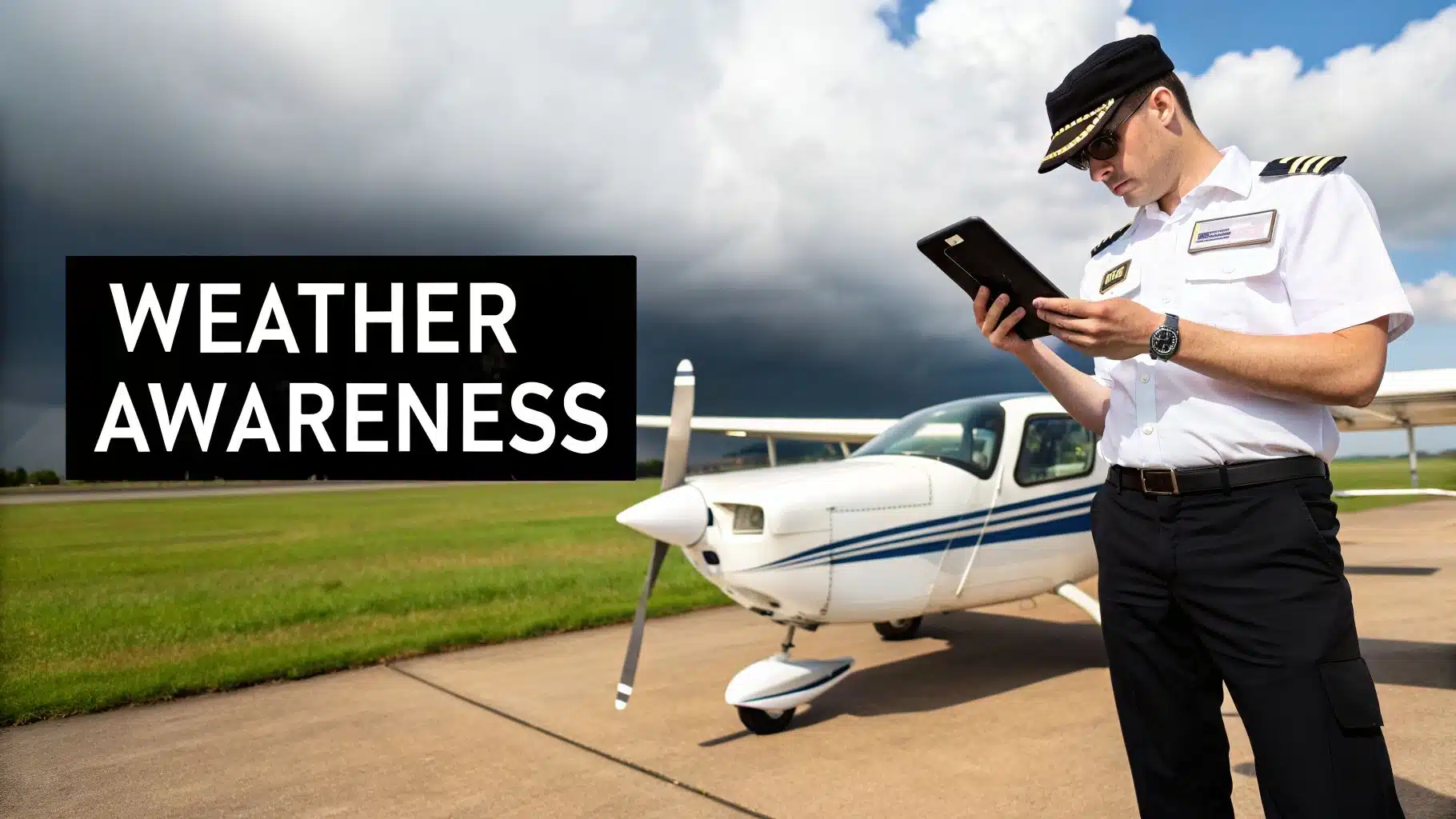 Mastering Airline Pilot Interview Questions: Your Path to Success 5 A pilot in uniform uses a tablet next to a small plane on an airfield with a cloudy sky.