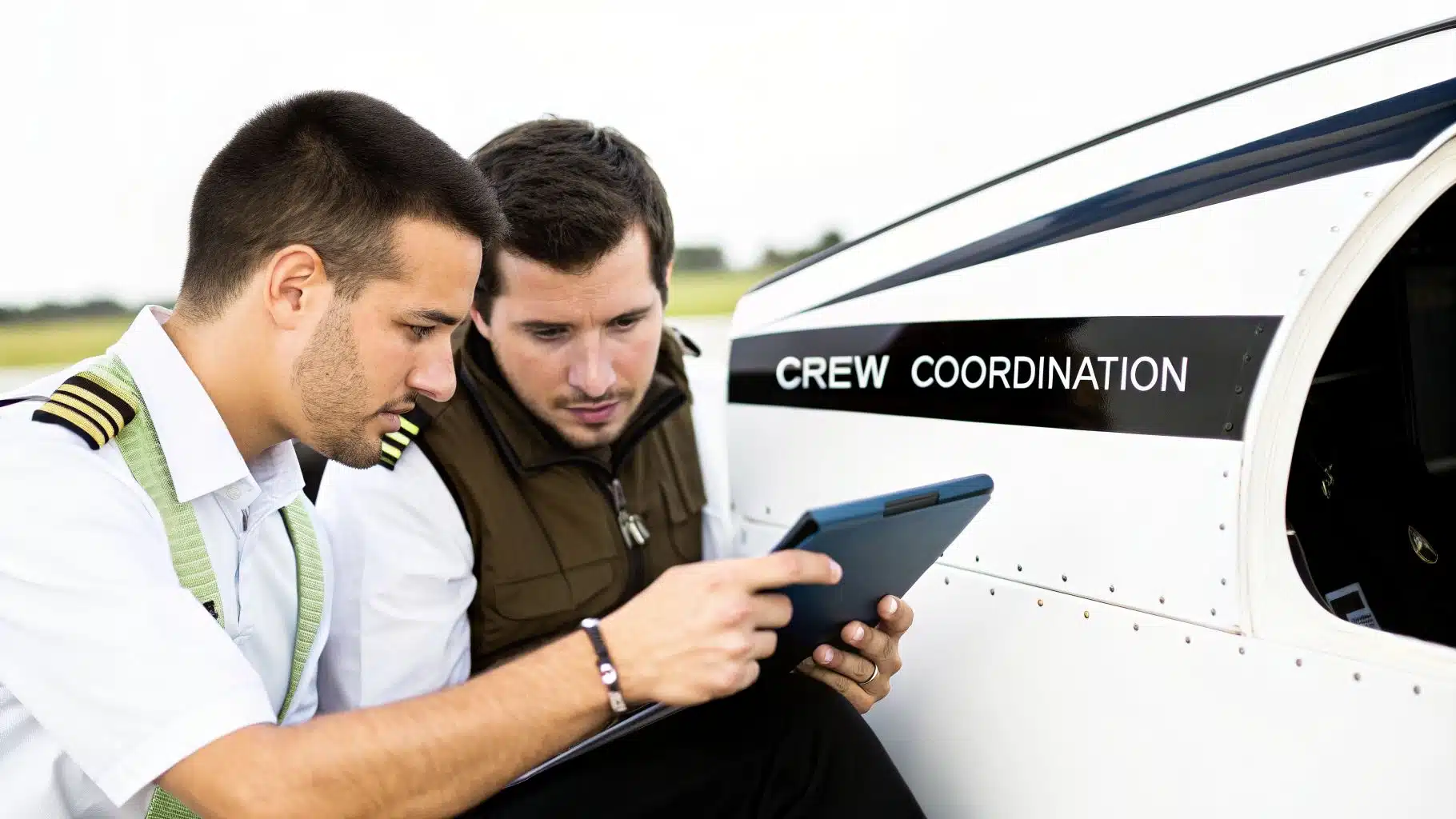 Mastering Airline Pilot Interview Questions: Your Path to Success 4 Two pilots in uniform reviewing information on a tablet next to an airplane with 'CREW COORDINATION' written on its side.