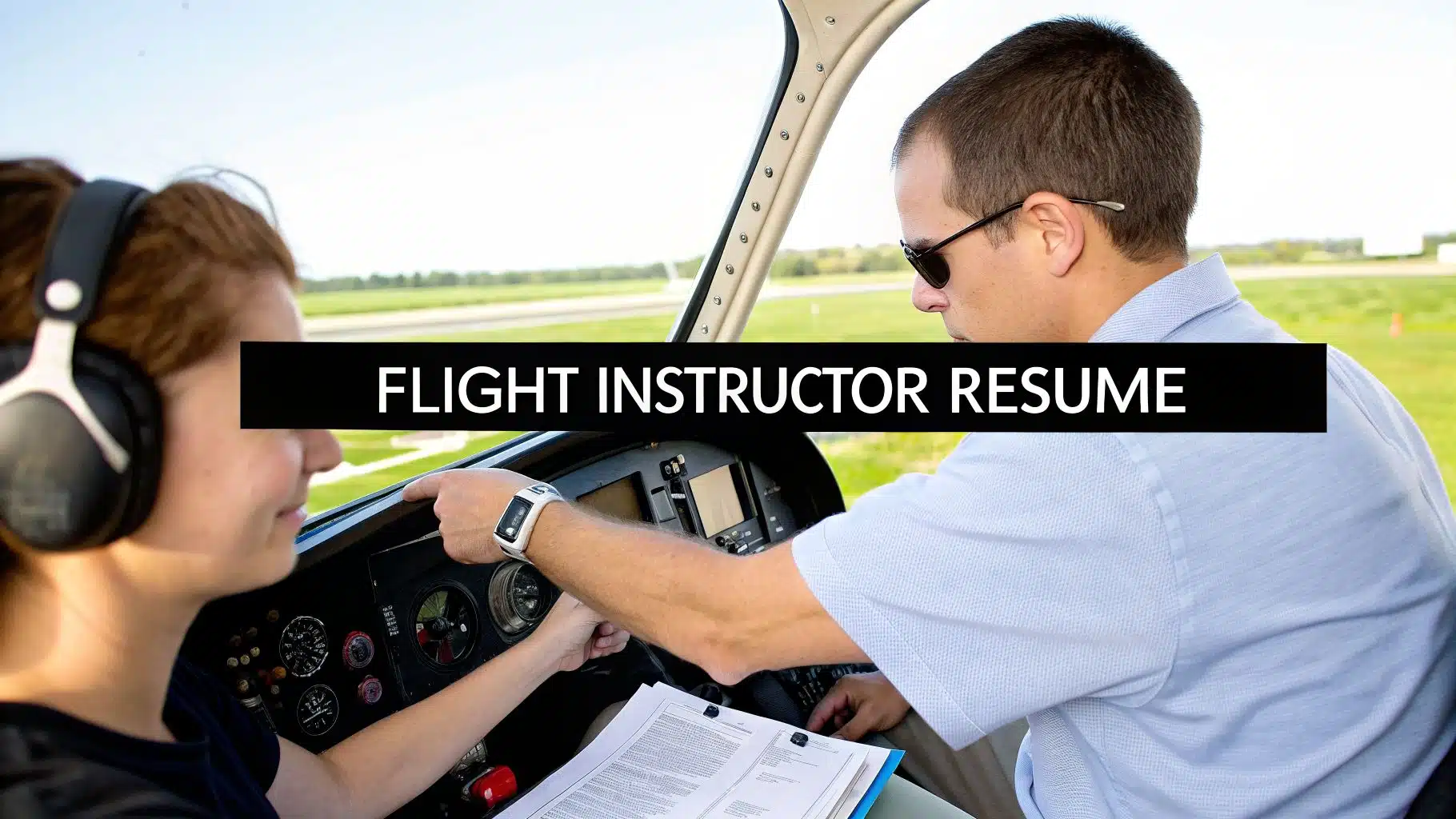 8 Essential Airline Pilot Resume Examples to Land the Job in 2026 4 A flight instructor guides a student pilot in an airplane cockpit, with a 'Flight Instructor Resume' overlay.