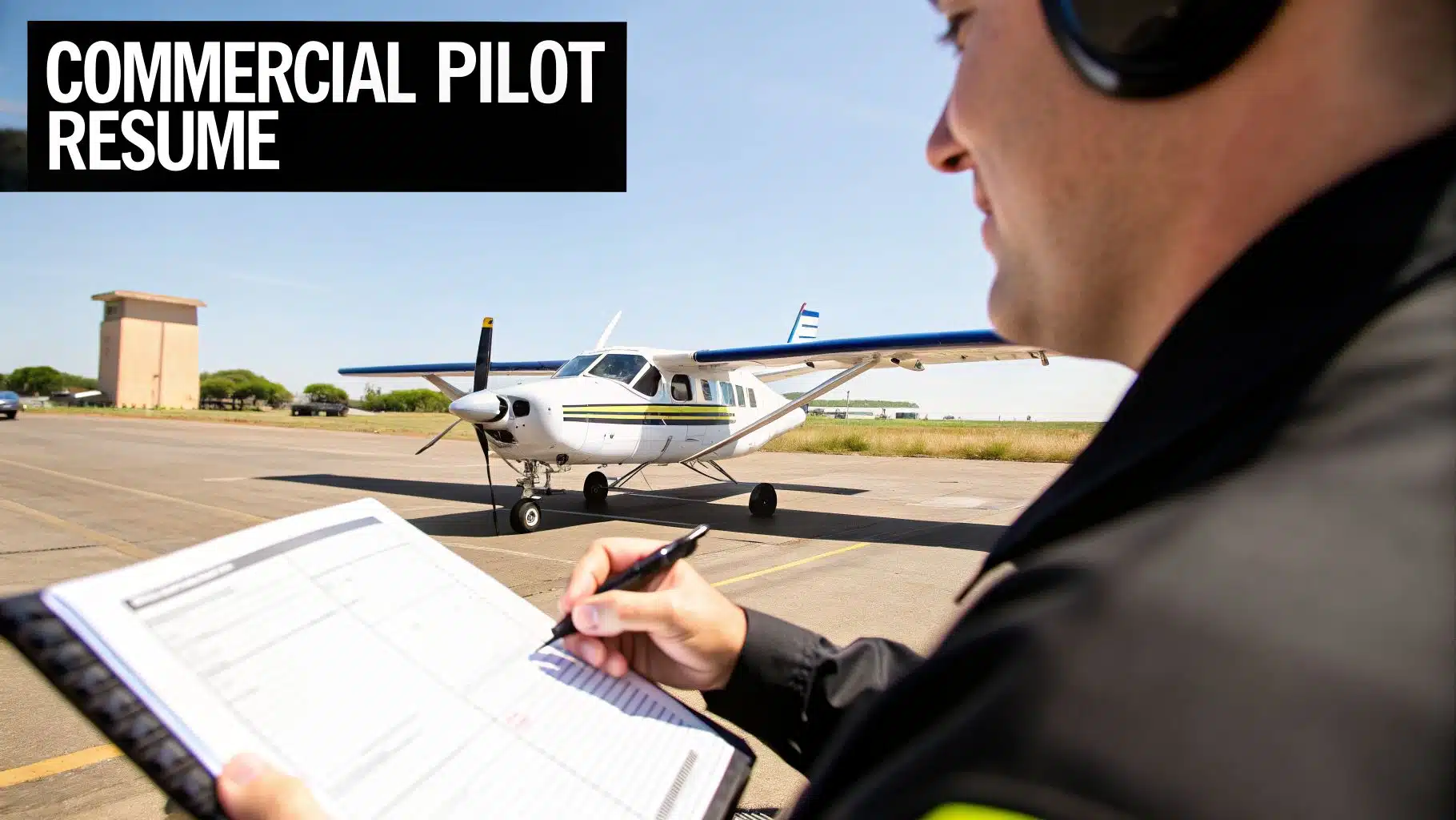 8 Essential Airline Pilot Resume Examples to Land the Job in 2026 3 A pilot in uniform checks a checklist next to a small aircraft, with "COMMERCIAL PILOT RESUME" text overlay.