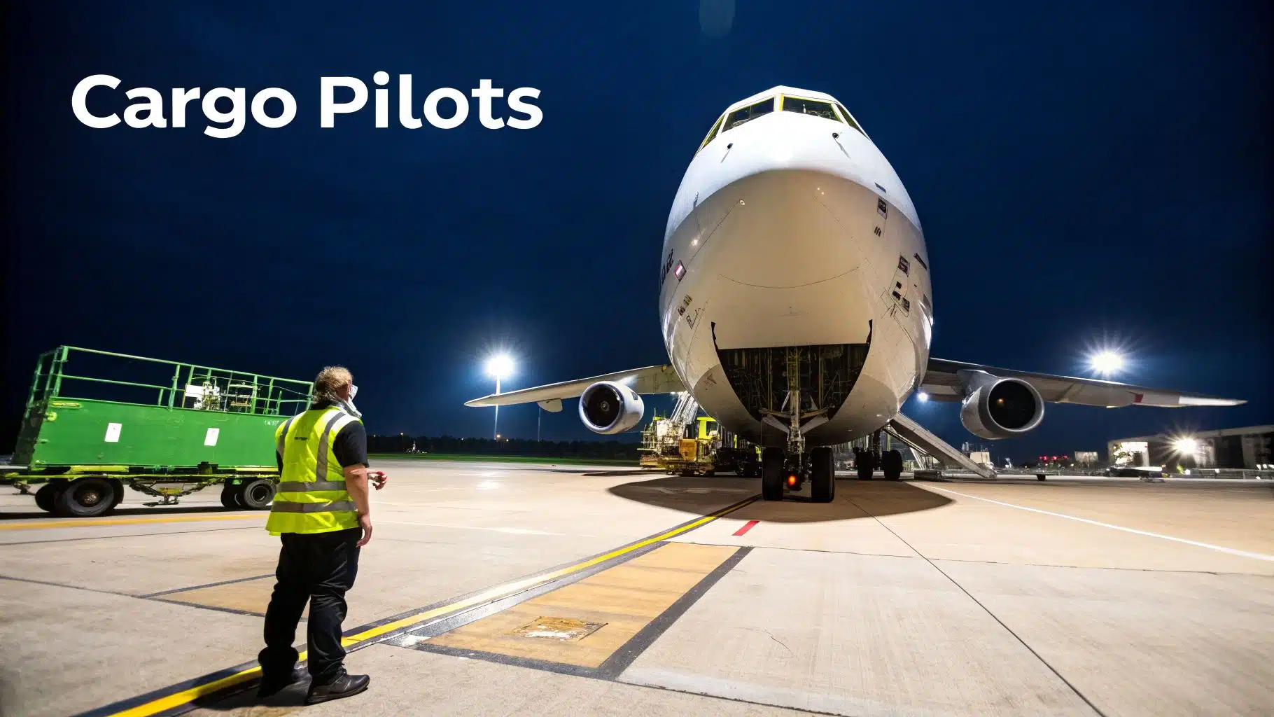 Top 10 Pathways for the Best Paid Airline Pilots in 2026 3 A large cargo plane illuminated at night on an airport tarmac, with a ground crew worker.