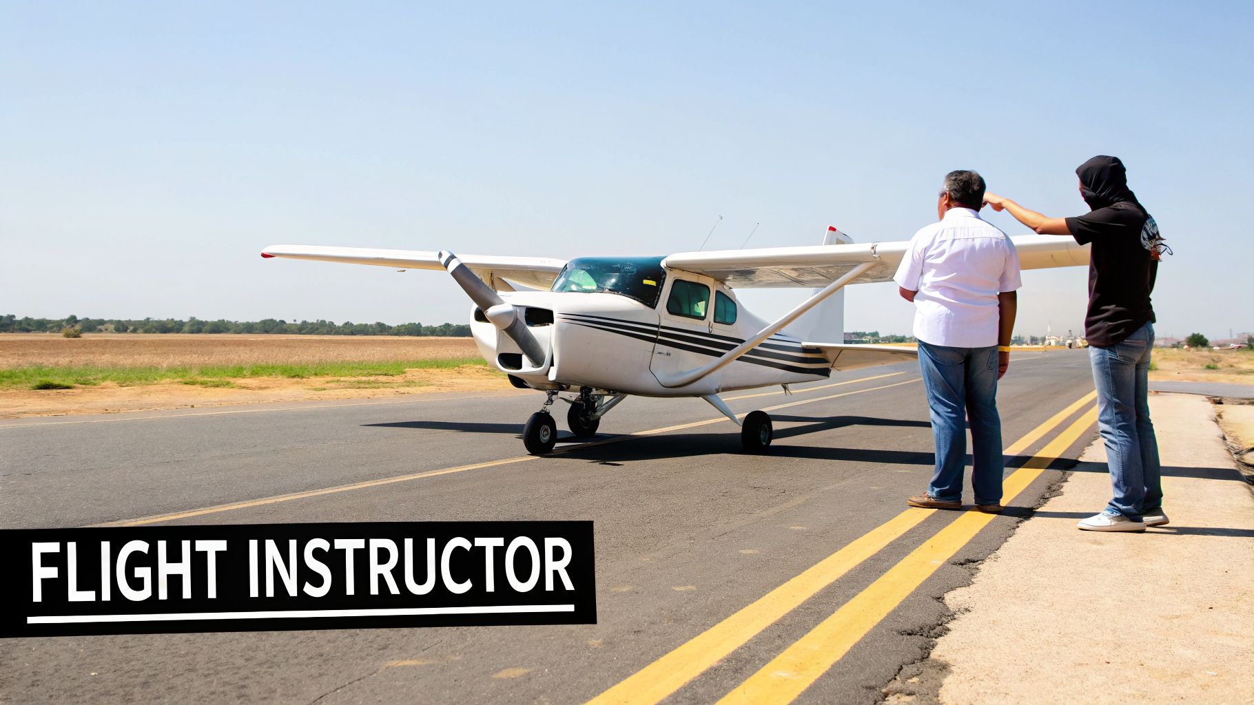 Top 10 Pathways for the Best Paid Airline Pilots in 2026 4 A flight instructor giving instructions to a student near a white propeller aircraft on a runway.