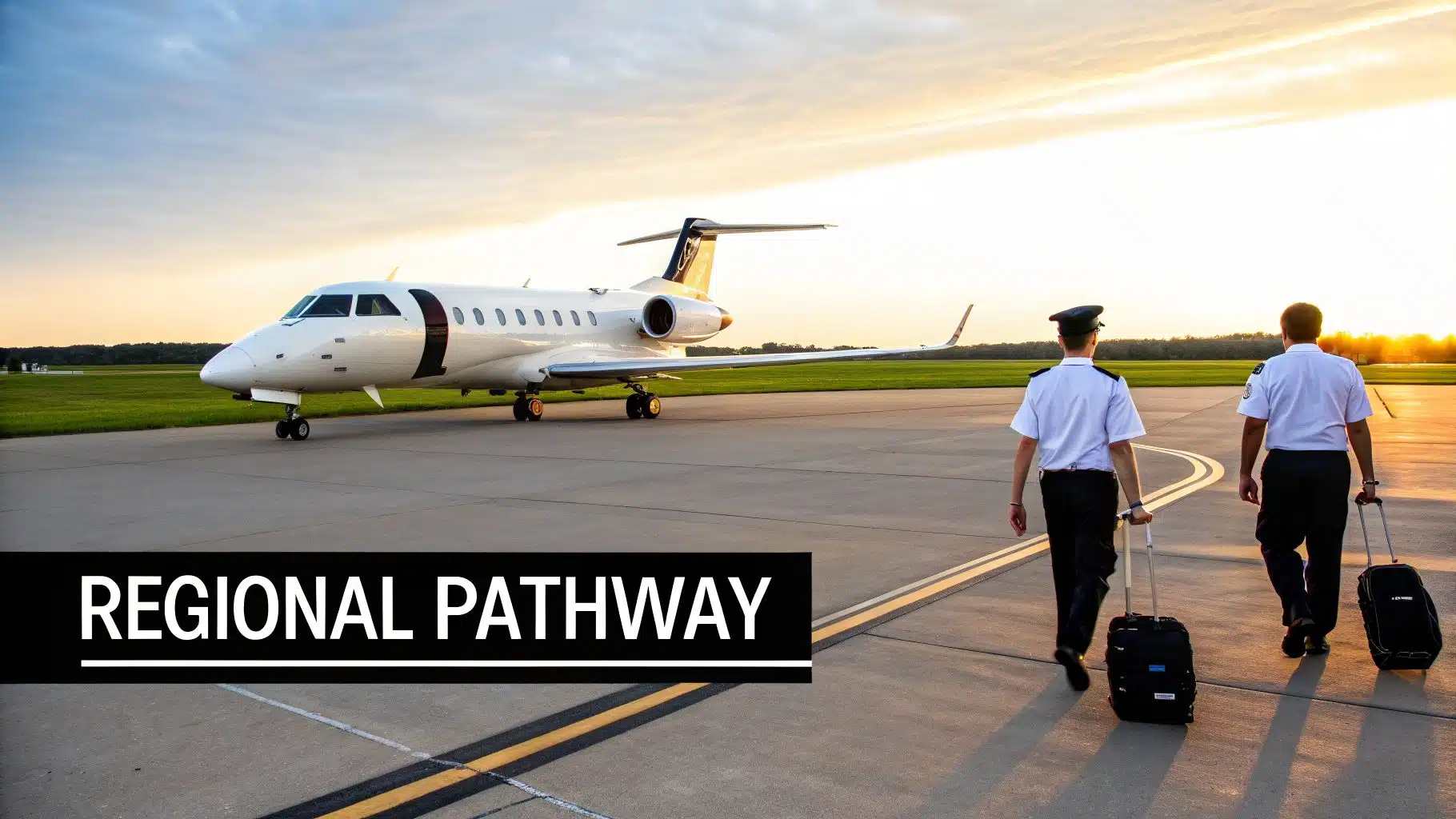 Top 10 Pathways for the Best Paid Airline Pilots in 2026 2 Two pilots walk on an airport tarmac with a private jet at sunset, alongside 'REGIONAL PATHWAY' text.