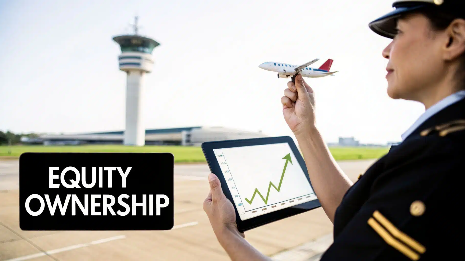 Top 8 Best Paying Airlines for Pilots in 2026 5 EQUITY OWNERSHIP sign with a pilot, model plane, and a tablet displaying a financial growth graph.