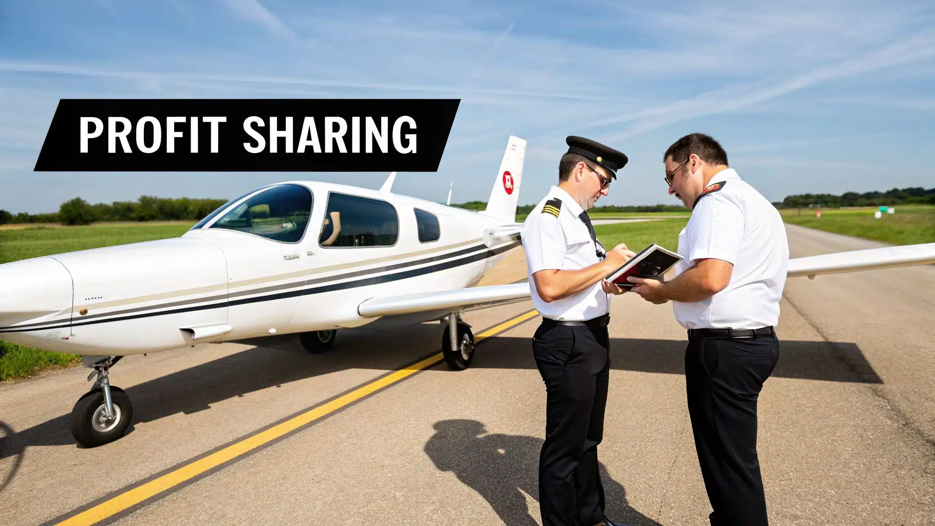 Top 8 Best Paying Airlines for Pilots in 2026 3 Two pilots discuss profit sharing by a small white airplane on a sunny airfield.