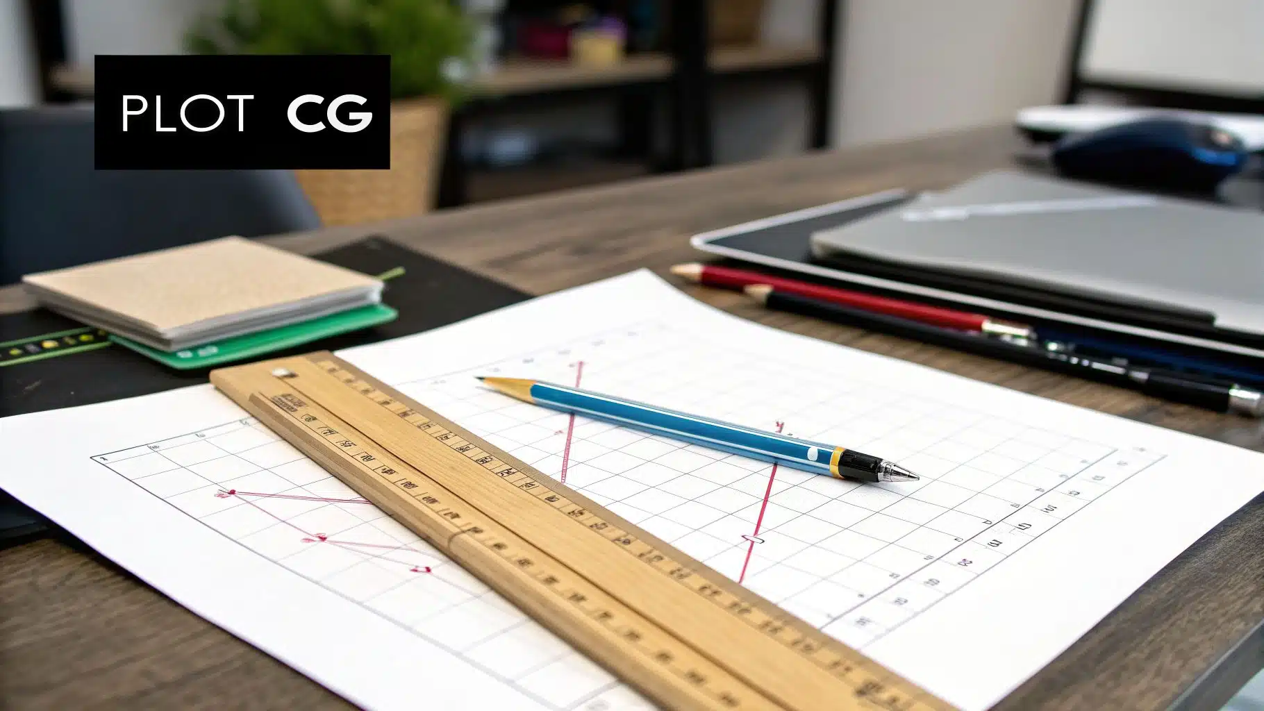 Your Guide to the Cessna 172N Weight and Balance Sheet 4 A close-up of a desk with a graph plot, ruler, and a blue pencil on paper.