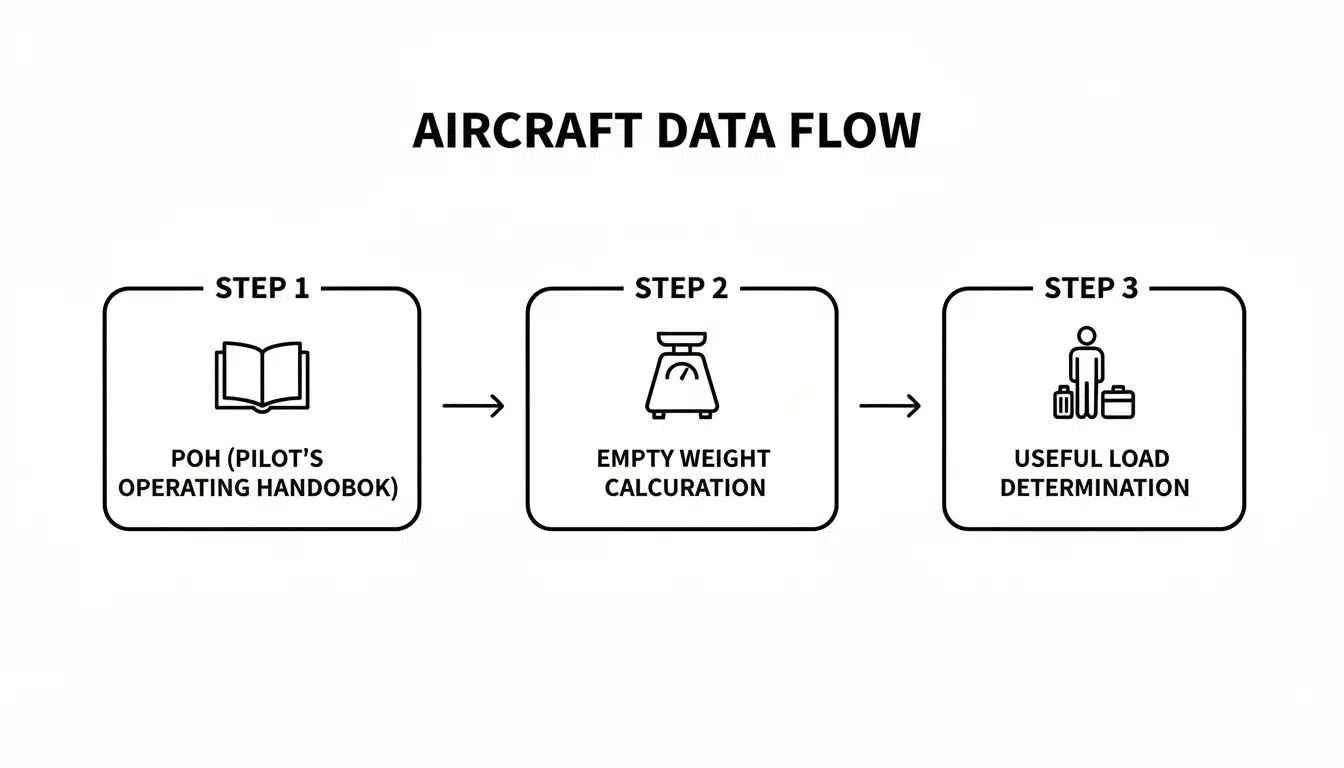 Your Guide to the Cessna 172N Weight and Balance Sheet 3 A flowchart showing aircraft data flow: Step 1 POH, Step 2 Empty Weight Calculation, Step 3 Useful Load Determination.