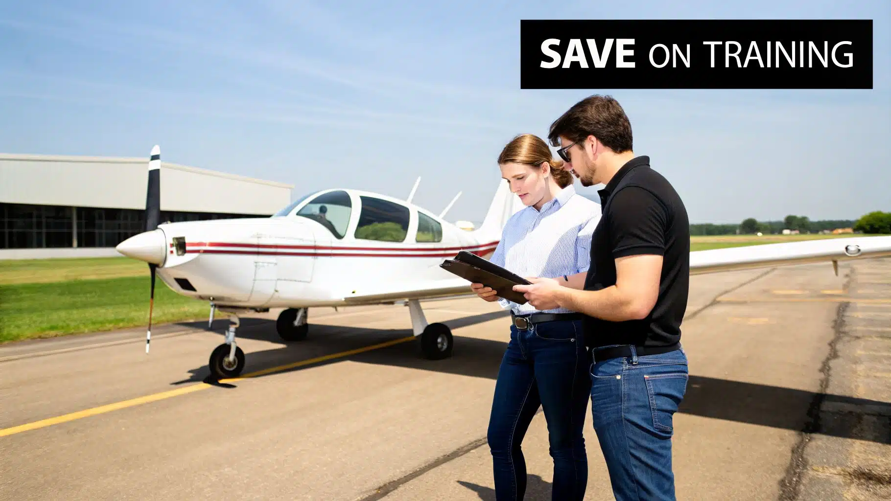 Cheap Aviation Schools That Don't Compromise on Quality 3 Two pilots review documents next to a small white airplane on an airfield, emphasizing flight training.