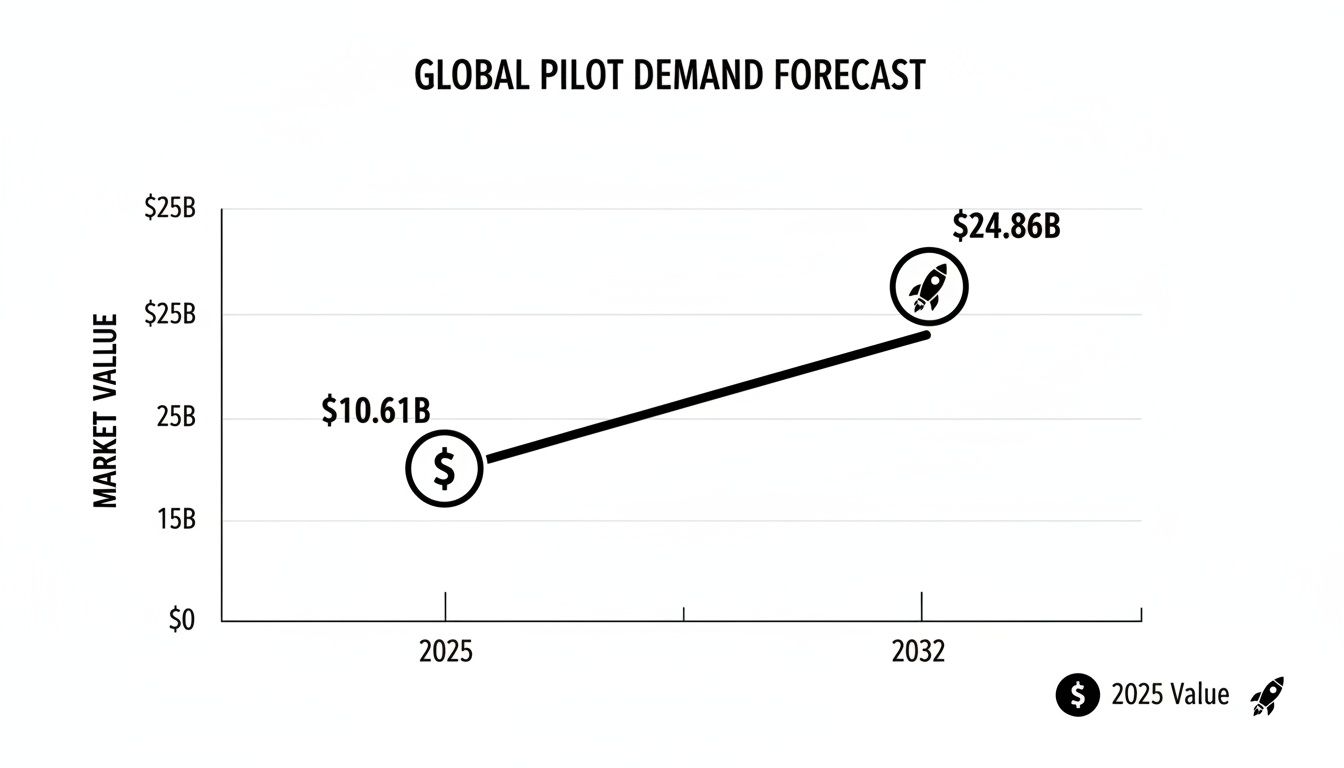 Cheap Aviation Schools That Don't Compromise on Quality 2 Line graph showing global pilot demand market value increasing from $10.61B in 2025 to $24.86B in 2032.