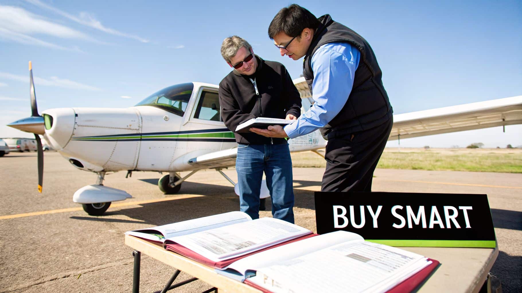Cheap Aviation Schools That Don't Compromise on Quality 4 Two men discuss documents on an airfield next to a small white plane and a "BUY SMART" sign.