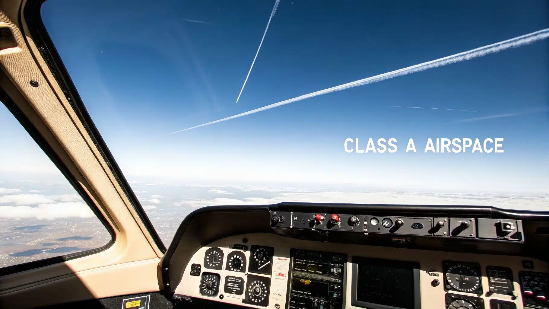 A Pilot's Guide to Class A Airspace 2 View from an aircraft cockpit looking at the blue sky with contrails and 'CLASS A AIRSPACE' text.