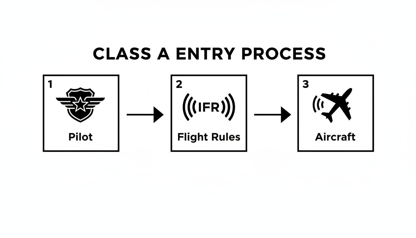 A Pilot's Guide to Class A Airspace 3 Flowchart illustrating the Class A entry process steps for pilot, flight rules (IFR), and aircraft.