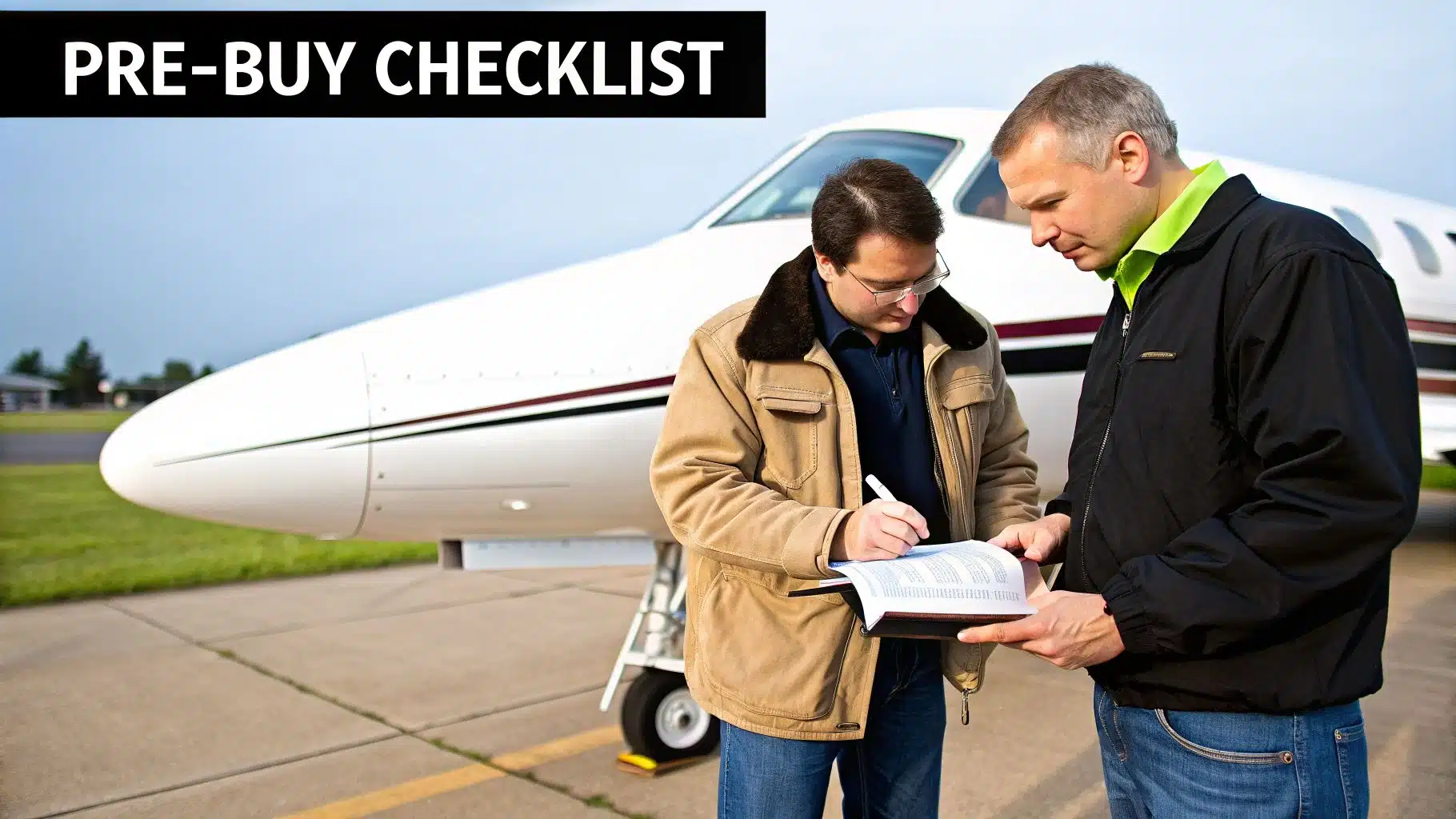A Pilot's Guide to Class A Airspace 4 Two men reviewing a pre-buy checklist next to a white private jet on an airfield.