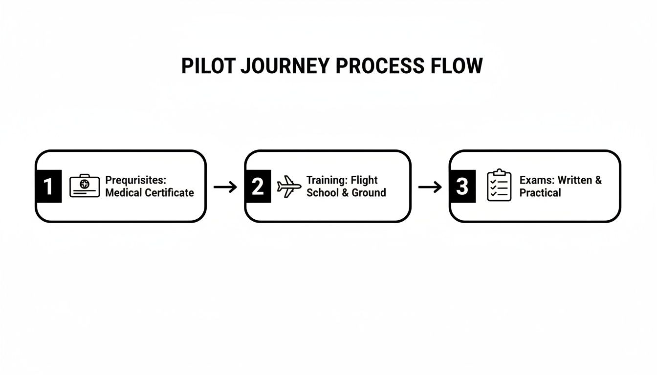 Commercial Flying Lessons Your Guide to a Pilot Career 2 A three-step pilot journey process flow diagram showing prerequisites, flight training, and exams.