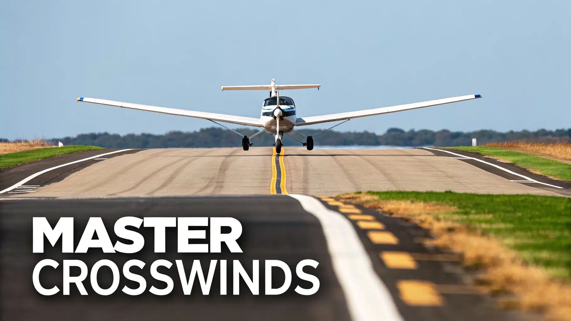Mastering Crosswind Landing Techniques for Safer Flights 2 A light aircraft on a runway, taking off or landing, with "MASTER CROSSWINDS" text overlay.