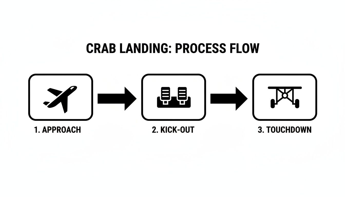 Mastering Crosswind Landing Techniques for Safer Flights 4 Process flow diagram showing three steps of a crab landing: approach with an airplane, kick-out with pedals, and touchdown with landing gear.