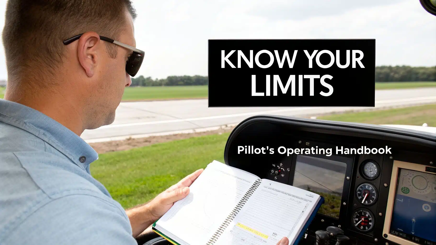 Mastering Crosswind Landing Techniques for Safer Flights 3 A pilot in sunglasses reads a Pilot's Operating Handbook in a cockpit, with a "KNOW YOUR LIMITS" sign visible.