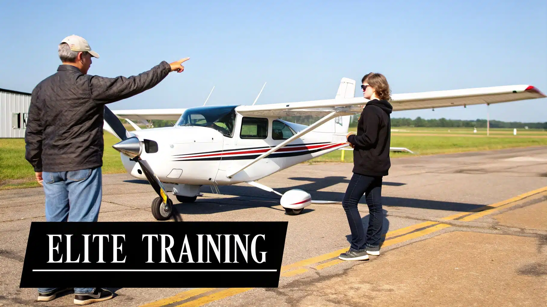 Understanding Your First Officer Salary in 2026 4 A flight instructor points to a white airplane while a student listens on an airfield.