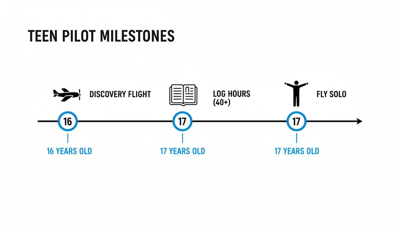 A Parent's Guide to Flying Lessons for Teenagers 3 A timeline of teen pilot milestones: discovery flight at 16, log hours (40+), and flying solo at 17.