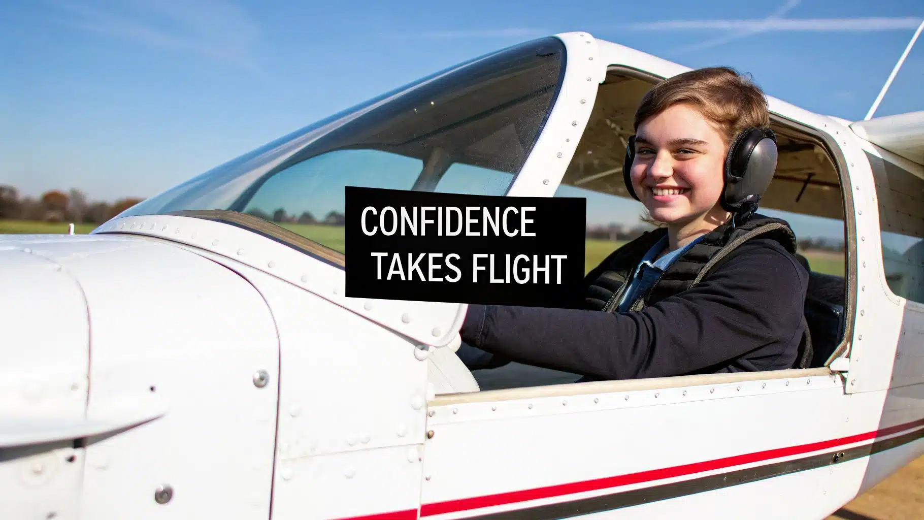 A Parent's Guide to Flying Lessons for Teenagers 2 Smiling teenager wearing aviation headphones sits confidently in the cockpit of a small white plane.