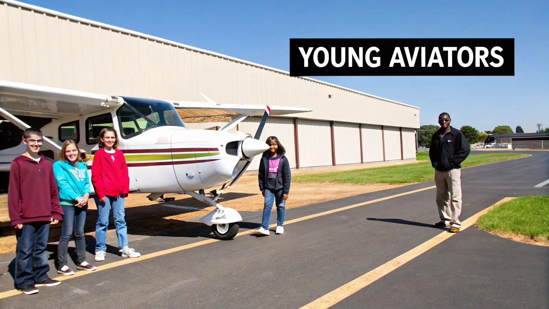 A Parent's Guide to Flying Lessons for Teenagers 4 A diverse group of young aviators poses beside a small plane on an airfield.