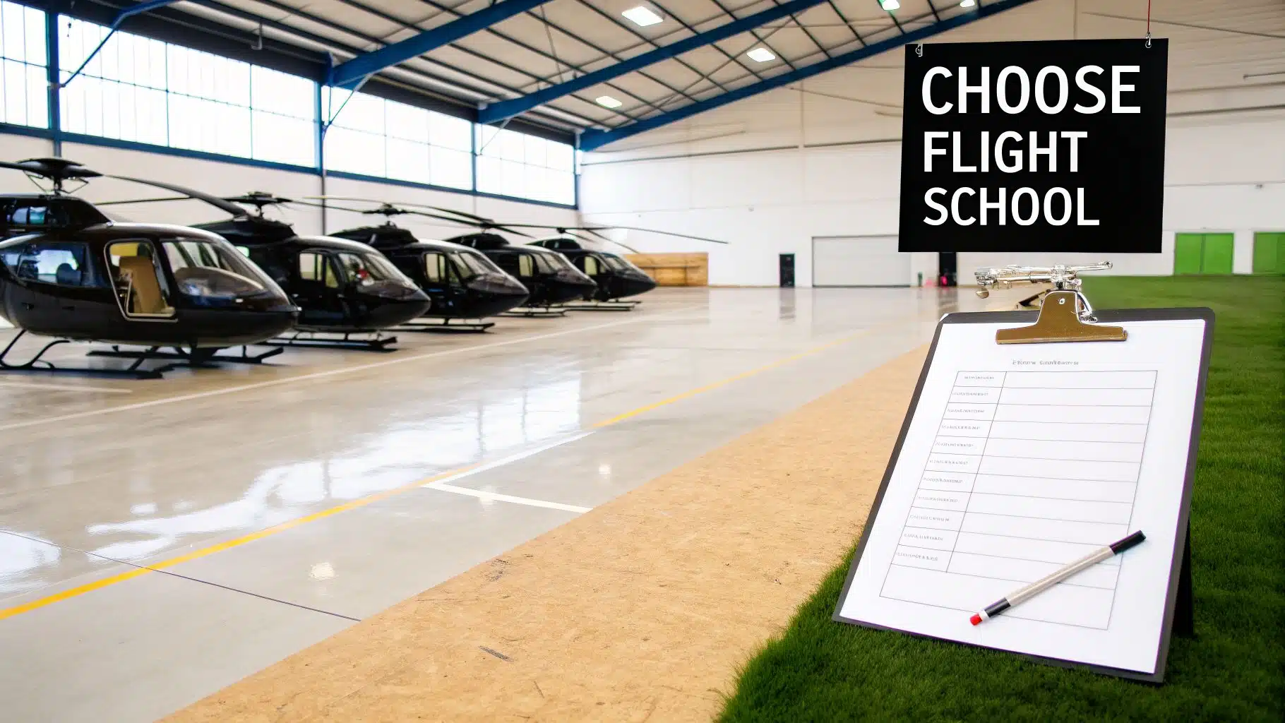 Your Guide to a Helicopter Discovery Flight Near Me 4 A large hangar with several black helicopters, a clipboard, and a 'CHOOSE FLIGHT SCHOOL' sign.