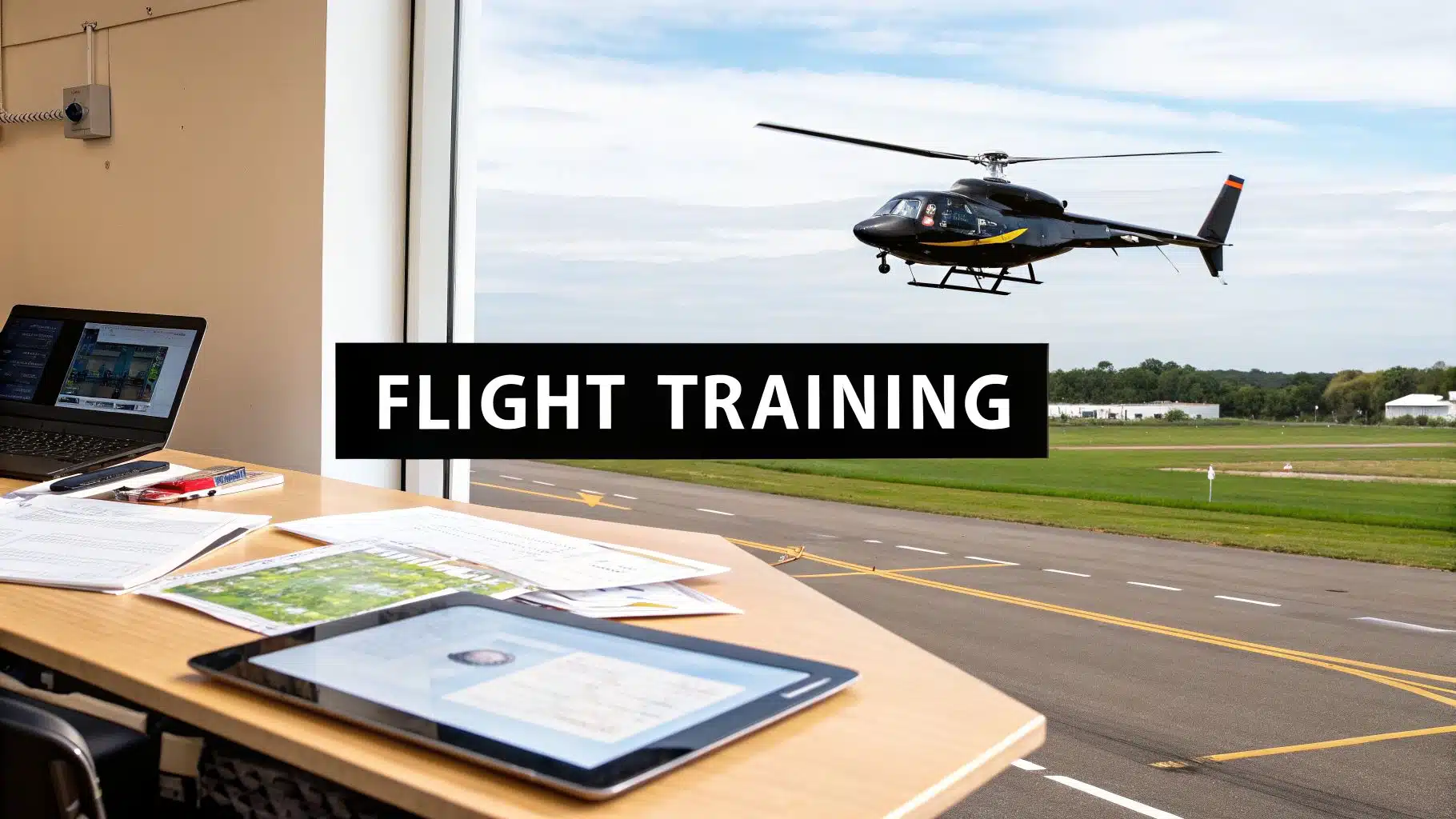 Your Guide to Helicopter Pilot Training in 2026 3 A flight training desk setup inside, with a helicopter hovering over an airfield outside.