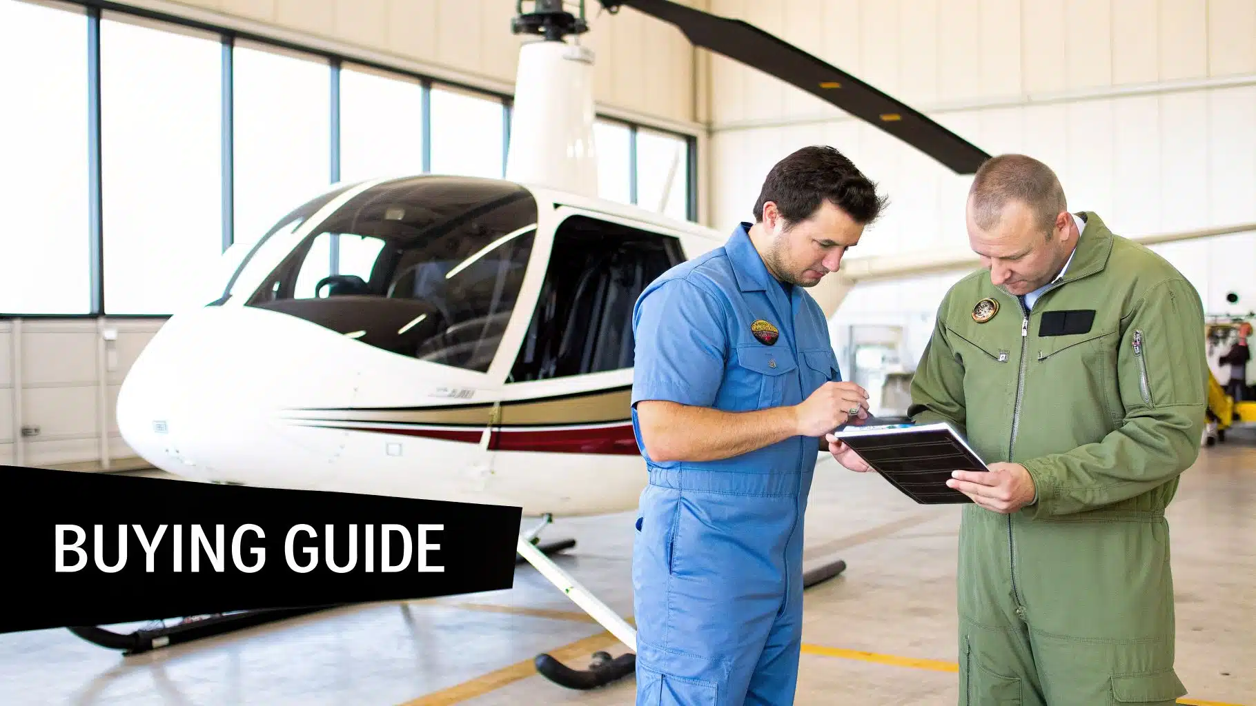 Your Guide to Helicopter Pilot Training in 2026 4 Two pilots or mechanics reviewing documents next to a white helicopter in a hangar.