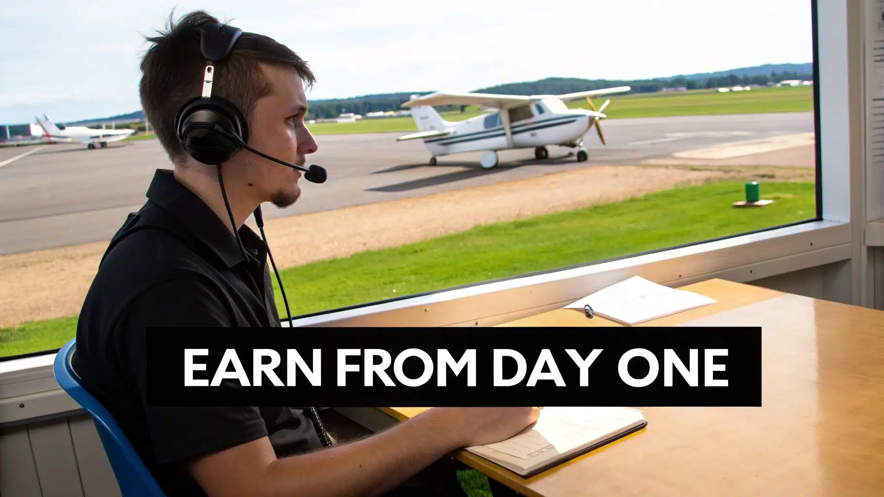 How Much Do Commercial Pilots Make in 2026 4 A man in a headset looks at planes on an airport tarmac, writing in a notebook. Text: 'Earn From Day One'.