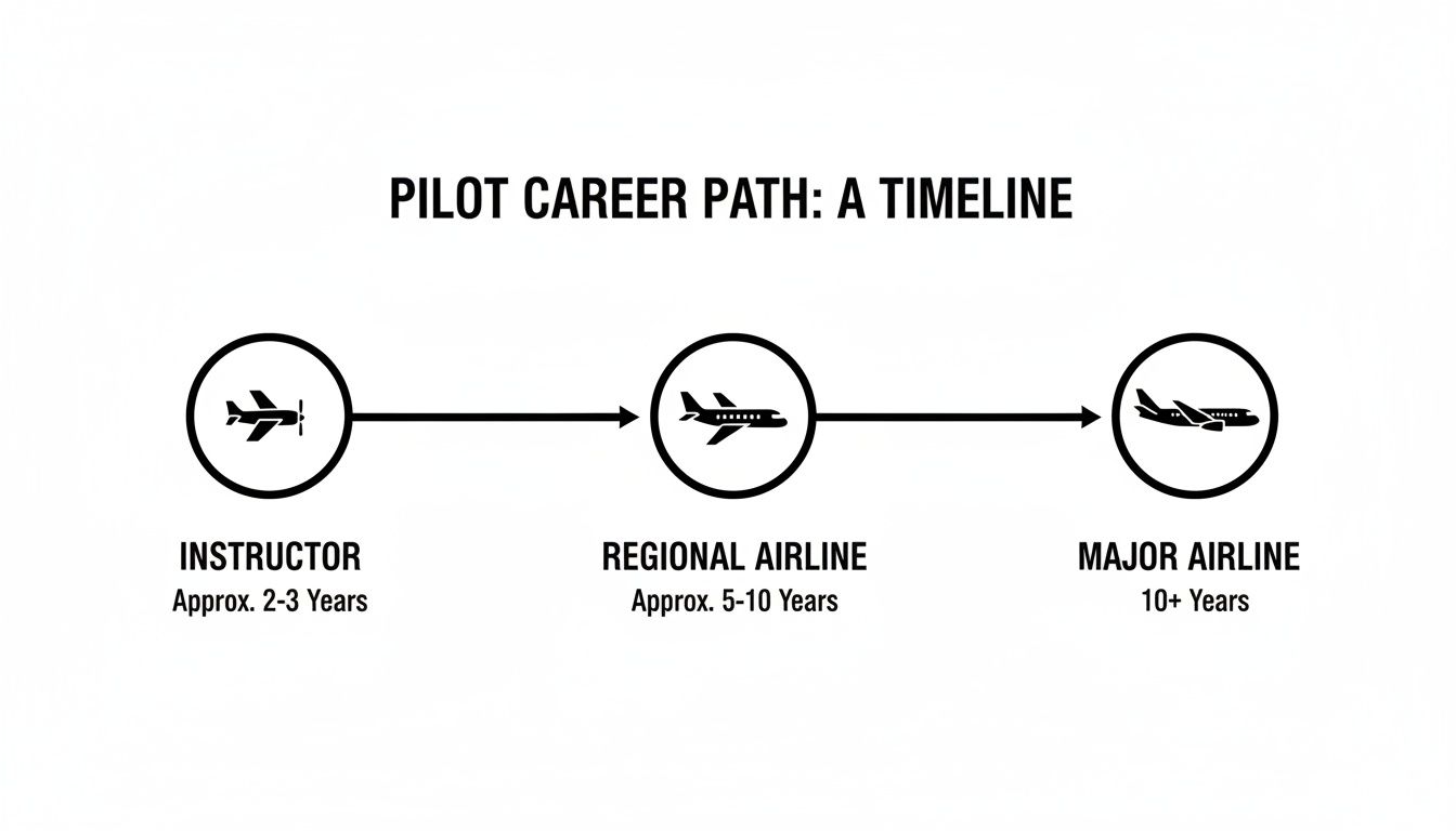 How Much Do Commercial Pilots Make in 2026 3 Pilot career path timeline showing instructor, regional airline, and major airline stages.