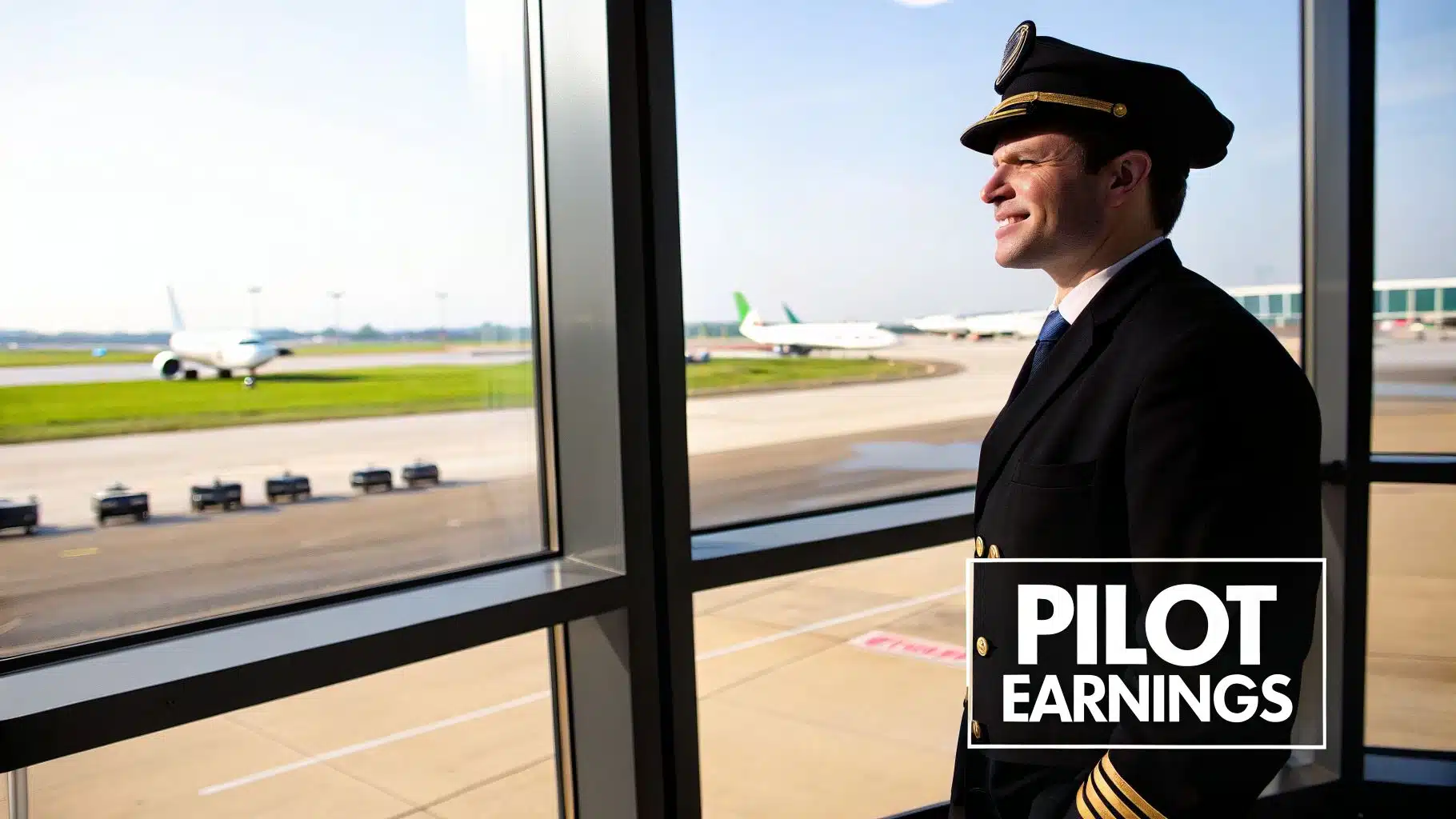 How Much Do Commercial Pilots Make in 2026 2 A smiling pilot in uniform looks out an airport window at planes, with 'PILOT EARNINGS' text.