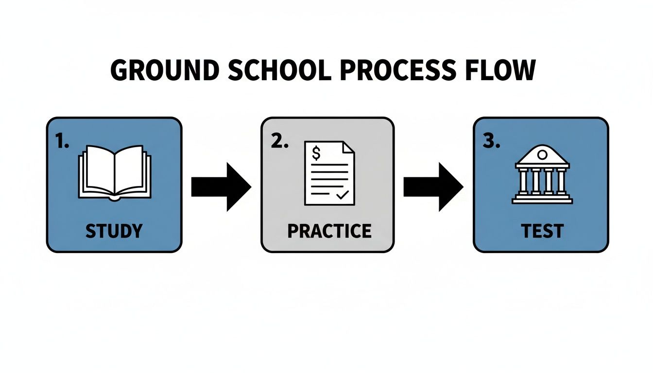 How to Get My Pilot's License A Practical Guide 3 Flowchart illustrating the Ground School Process with three steps: Study, Practice, and Test.