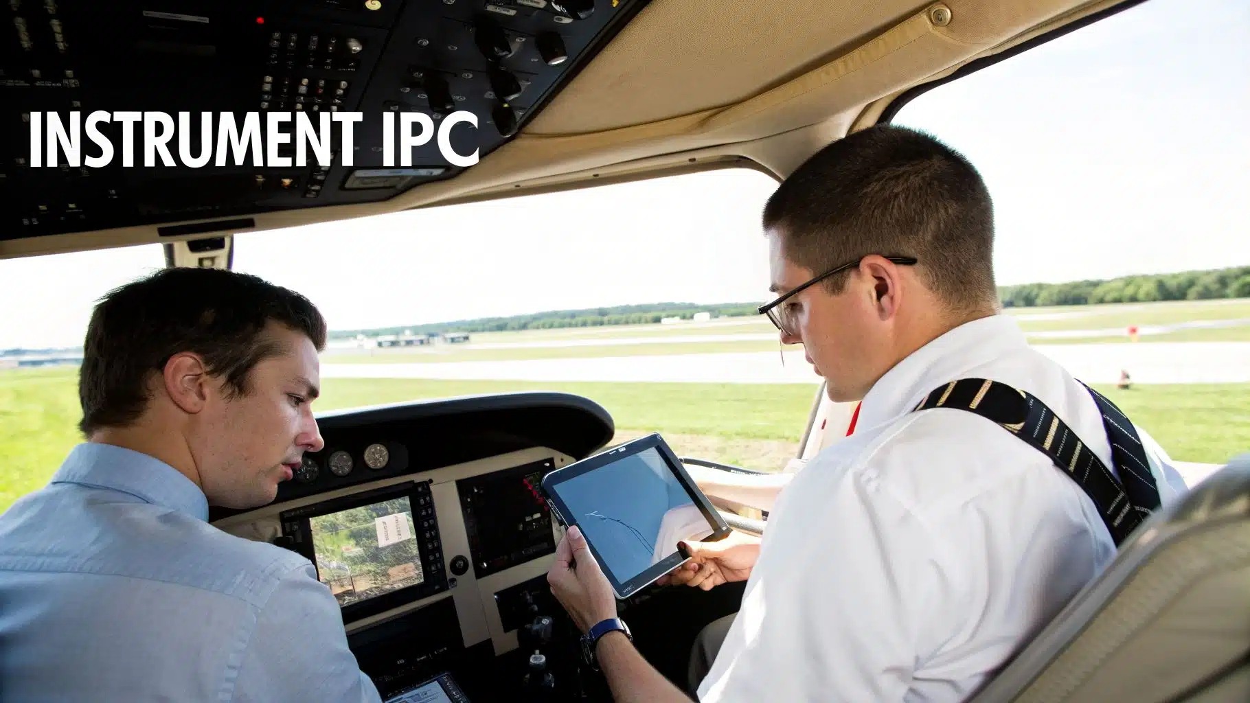 Your Guide to the Instrument Proficiency Check in 2026 2 Two pilots in a small aircraft cockpit with flight instruments and a tablet, featuring 'INSTRUMENT IPC' text.