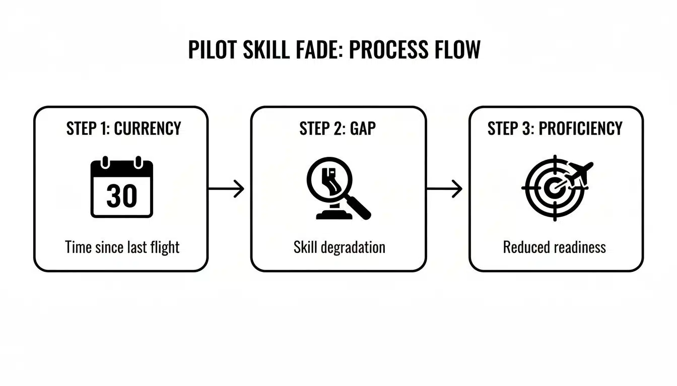 Your Guide to the Instrument Proficiency Check in 2026 4 A diagram illustrating the three-step pilot skill fade process: currency, skill degradation, and reduced readiness.