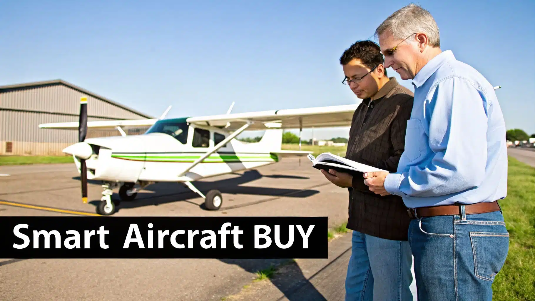 Your Guide to Becoming an Instrument Rated Pilot 4 Two men review documents on an airfield with a small white airplane and hangar in the background.