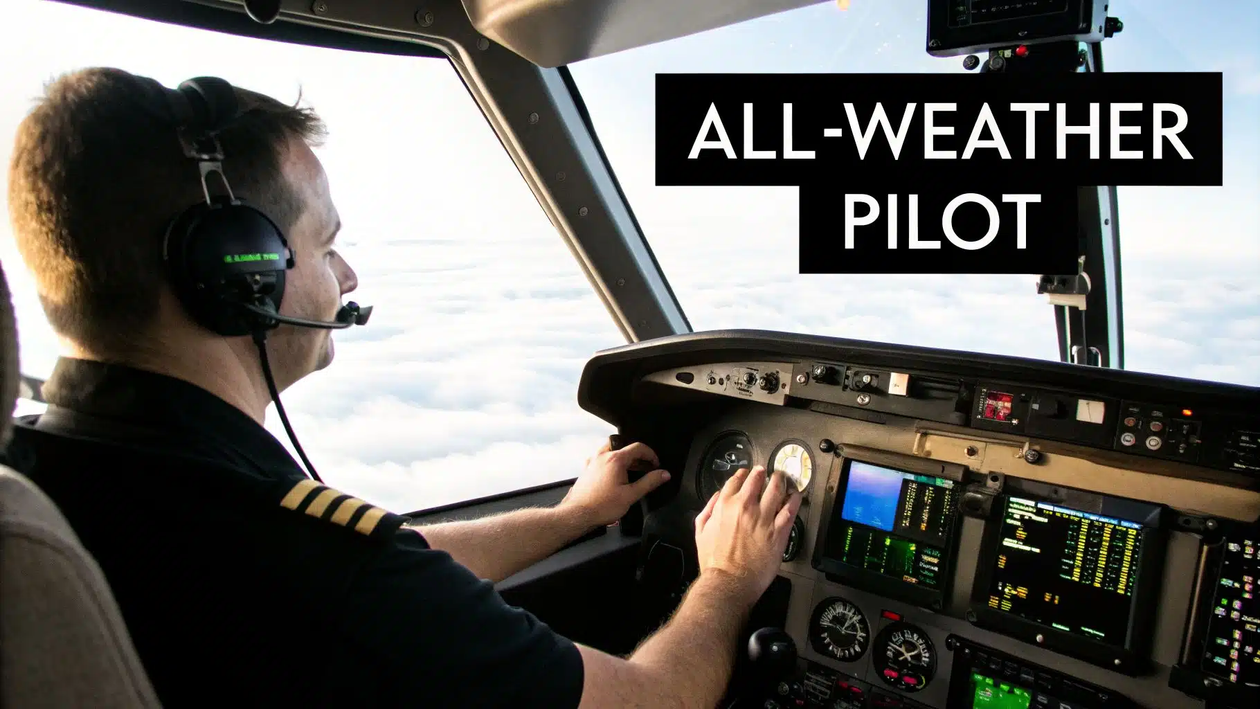 Your Guide to Becoming an Instrument Rated Pilot 2 A pilot in uniform and headset flying an airplane above clouds, with 'ALL-WEATHER PILOT' text overlay.