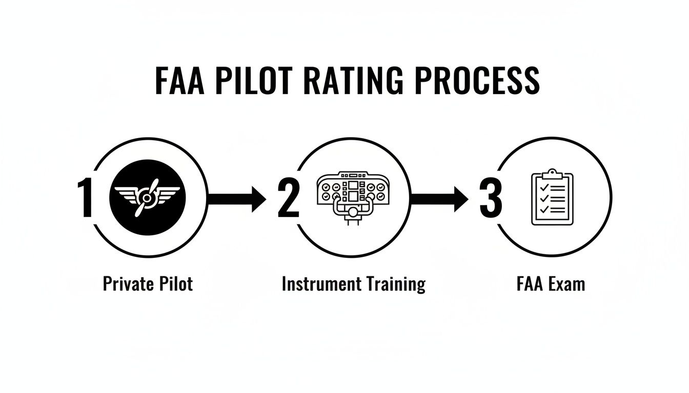 Your Guide to Becoming an Instrument Rated Pilot 3 A diagram illustrating the FAA pilot rating process with three steps: Private Pilot, Instrument Training, and FAA Exam.