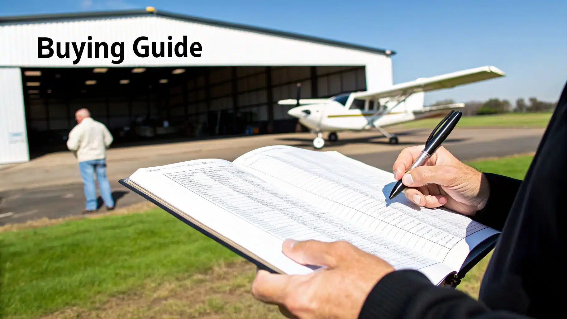 Your Guide to the Ultimate Introductory Flight Lesson 4 Hands writing in an open logbook at an airfield with a private airplane and hangar.