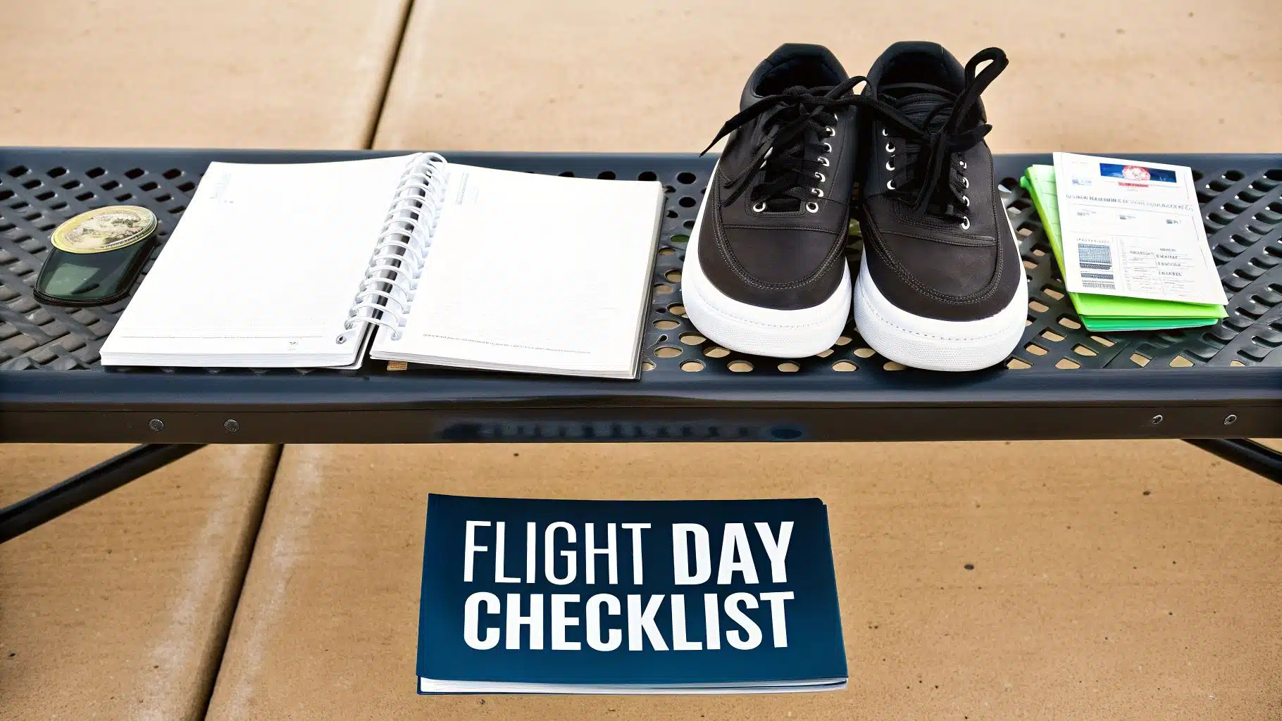 Your Guide to an Introductory Flying Lesson 5 A "Flight Day Checklist" booklet, an open notebook, black sneakers, and documents laid on a bench.