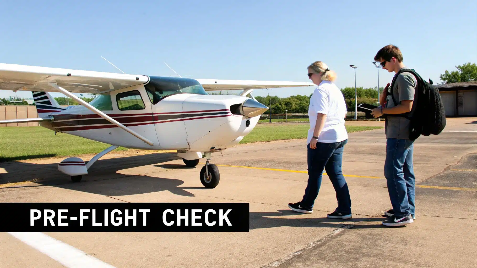 Your Guide to an Introductory Flying Lesson 3 Two students walk towards a small white airplane on an airfield tarmac for a pre-flight check.