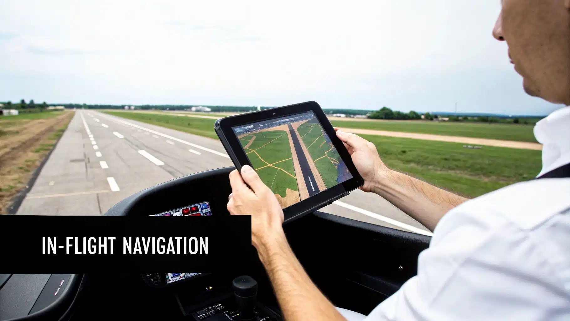 Your Ultimate Guide to Using an iPad for Pilots in 2026 4 A pilot uses a tablet with a navigation app showing an airfield, with a runway visible through the cockpit window.