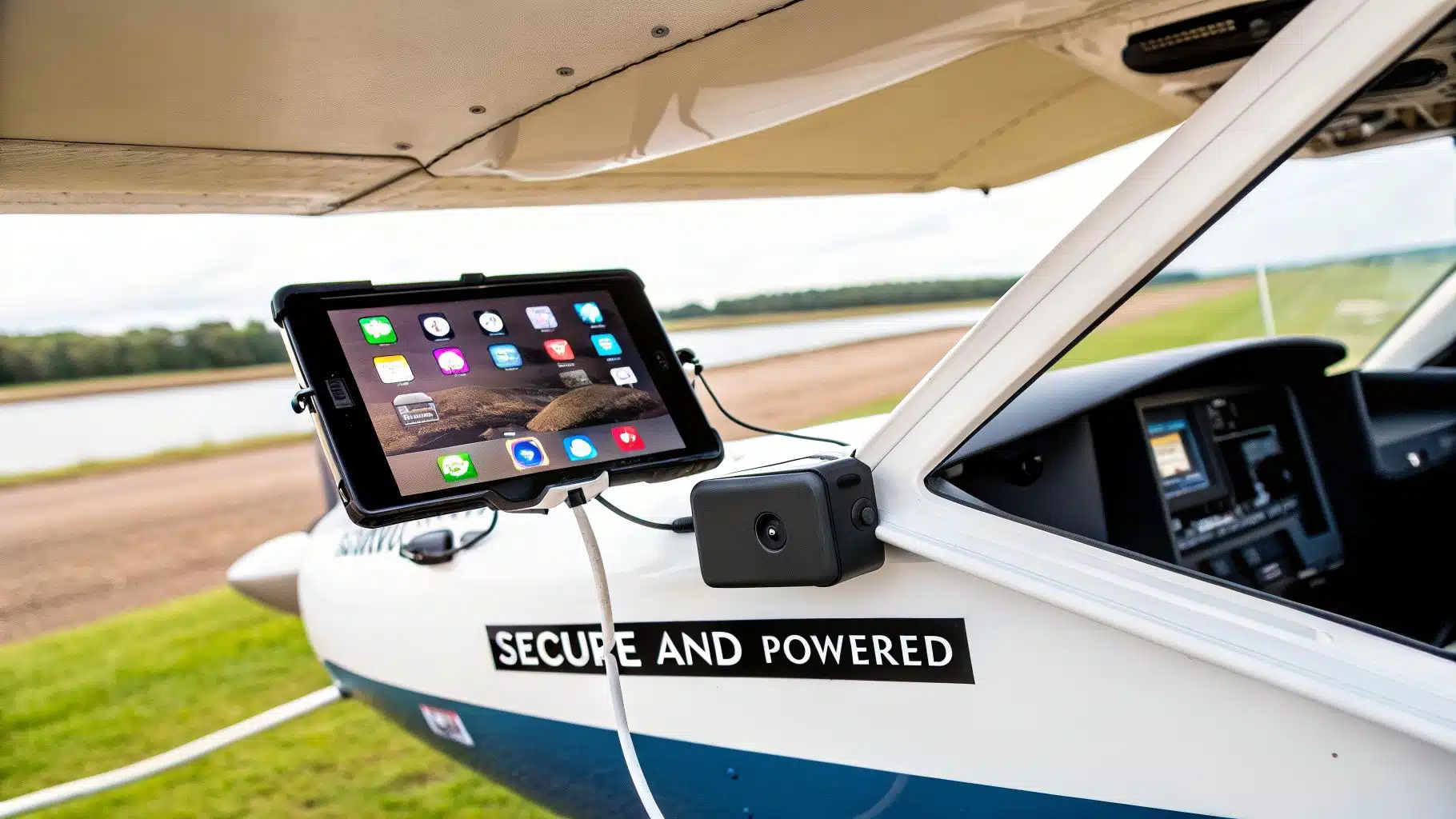 Your Ultimate Guide to Using an iPad for Pilots in 2026 3 An iPad mounted securely in an airplane cockpit, displaying apps, connected to a power device.