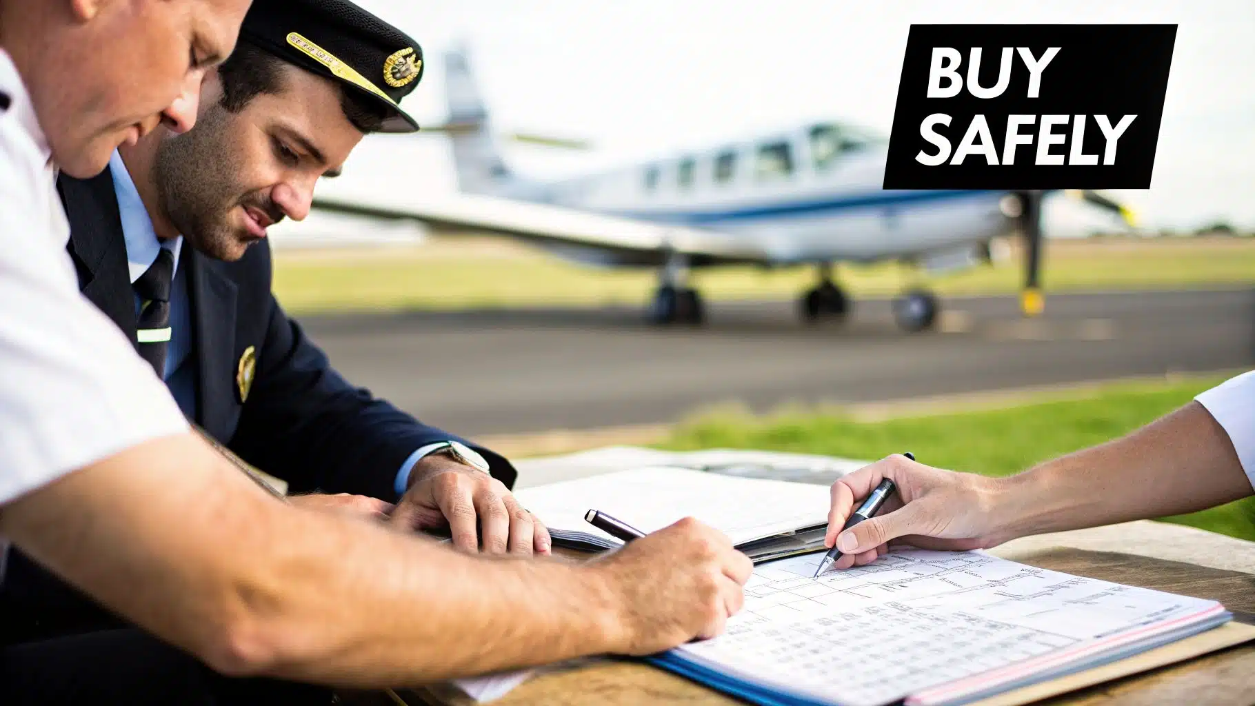 A Pilot's Guide to Mastering Multi Engine Training 4 Pilots reviewing and signing documents related to aircraft purchase or training with a multi-engine plane.
