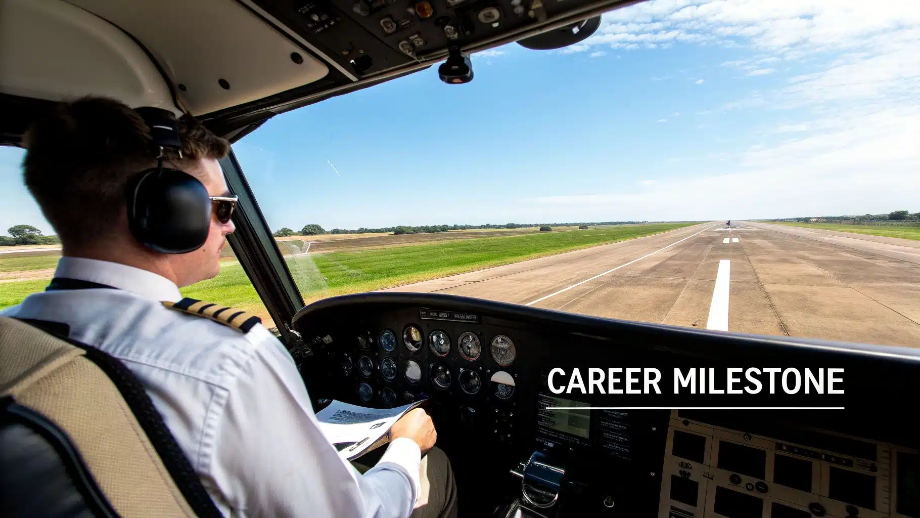 A Pilot's Guide to Mastering Multi Engine Training 2 A pilot wearing headphones and sunglasses sits in a cockpit, looking out at a runway.