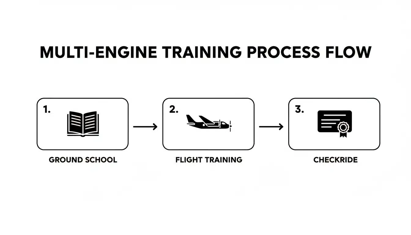 A Pilot's Guide to Mastering Multi Engine Training 3 Flowchart illustrating the multi-engine pilot training process: ground school, flight training, and checkride.