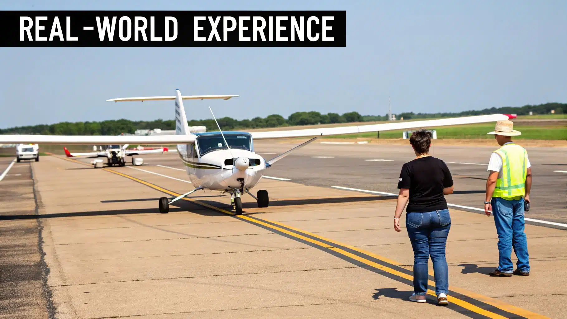 Paid Pilot Training: Fast-Track Your Airline Career 4 Two people, one in a high-vis vest and straw hat, observe a small propeller plane on an airport tarmac.