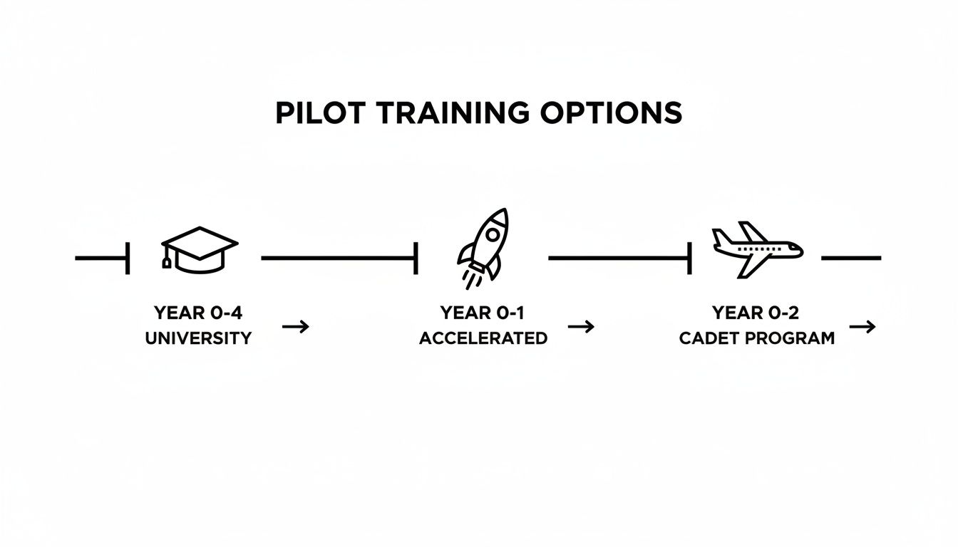 Paid Pilot Training: Fast-Track Your Airline Career 3 A flowchart illustrates three pilot training options: University (0-4 years), Accelerated (0-1 year), and Cadet Program (0-2 years).
