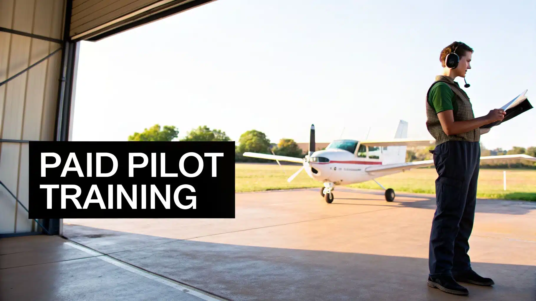 Paid Pilot Training: Fast-Track Your Airline Career 2 A student pilot in a headset checks documents near a small plane and hangar for paid training.